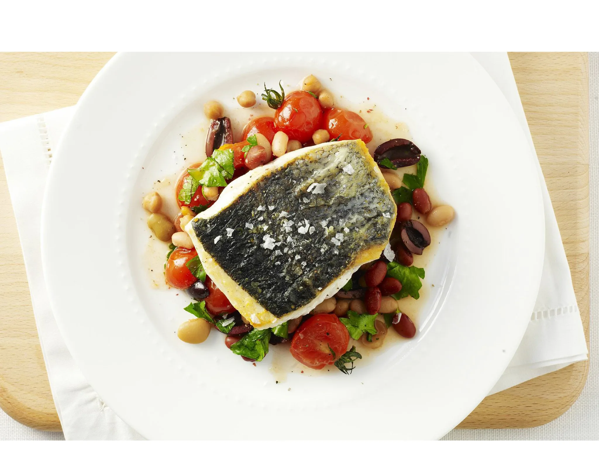 mediterranean white fish with beans and olives