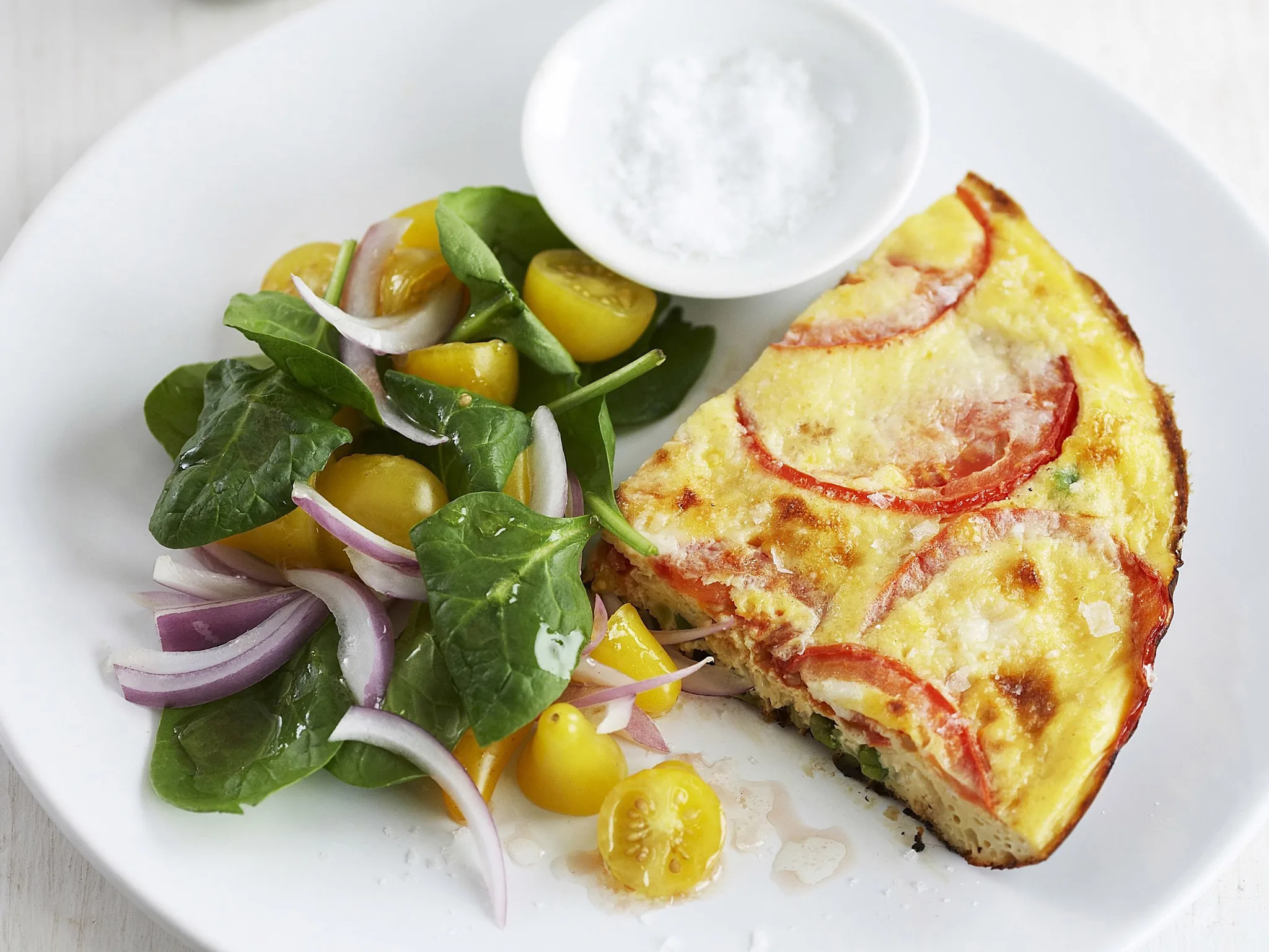 Leek frittata with baby spinach salad