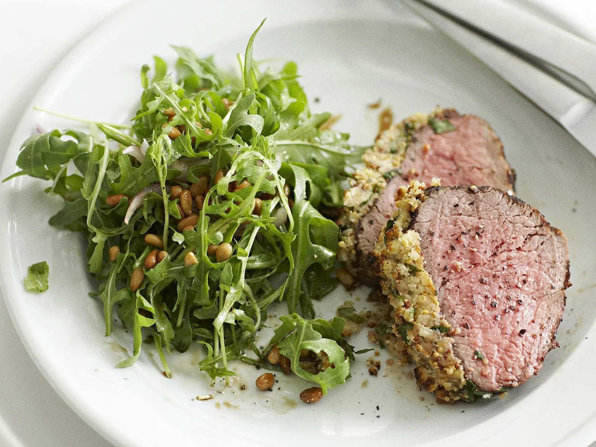Mustard-crumbed beef fillet with rocket salad