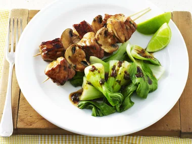 kecap manis fish and mushroom skewers