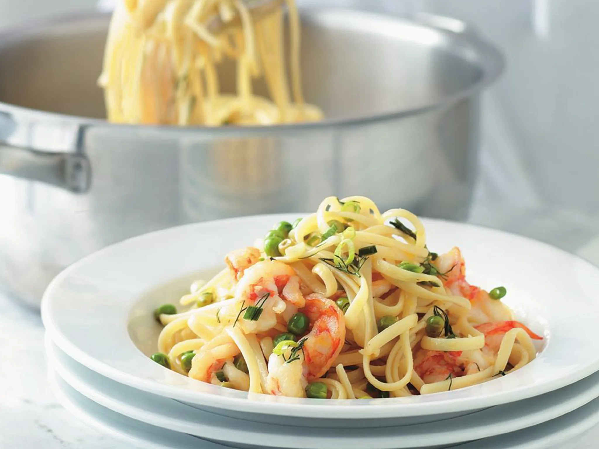 bavette with prawns, peas lemon and dill