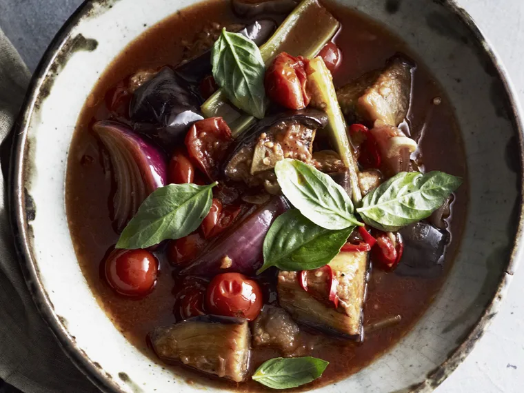 eggplant, chilli and tomato stew           with ricotta