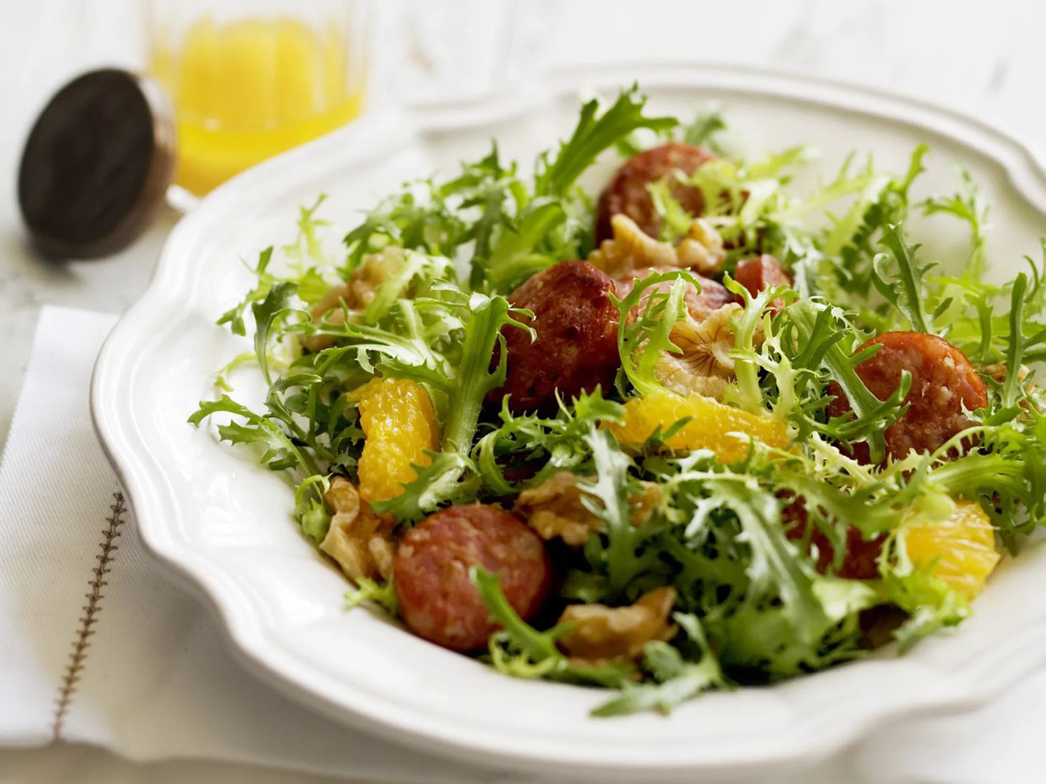 chorizo, curly endive, orange and walnut salad