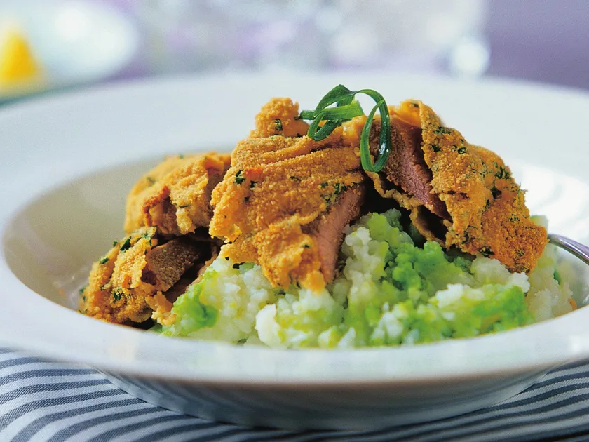 Baked veal with potato pea mash | Women's Weekly Food