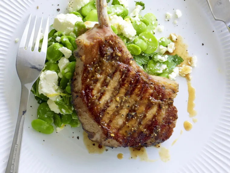 lemon pepper pork with broad bean salad