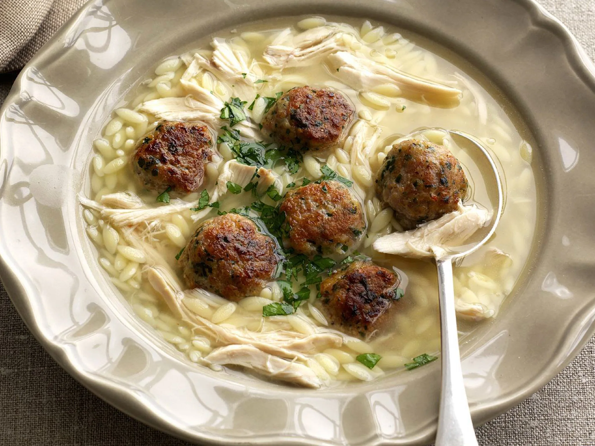 chicken and risoni with herbed meatballs