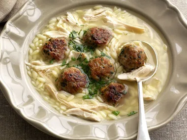 chicken and risoni with herbed meatballs