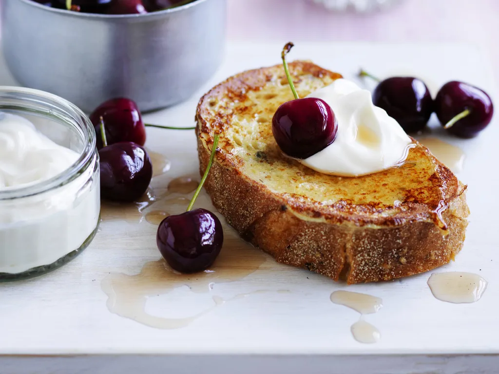 french toast with poached cherries