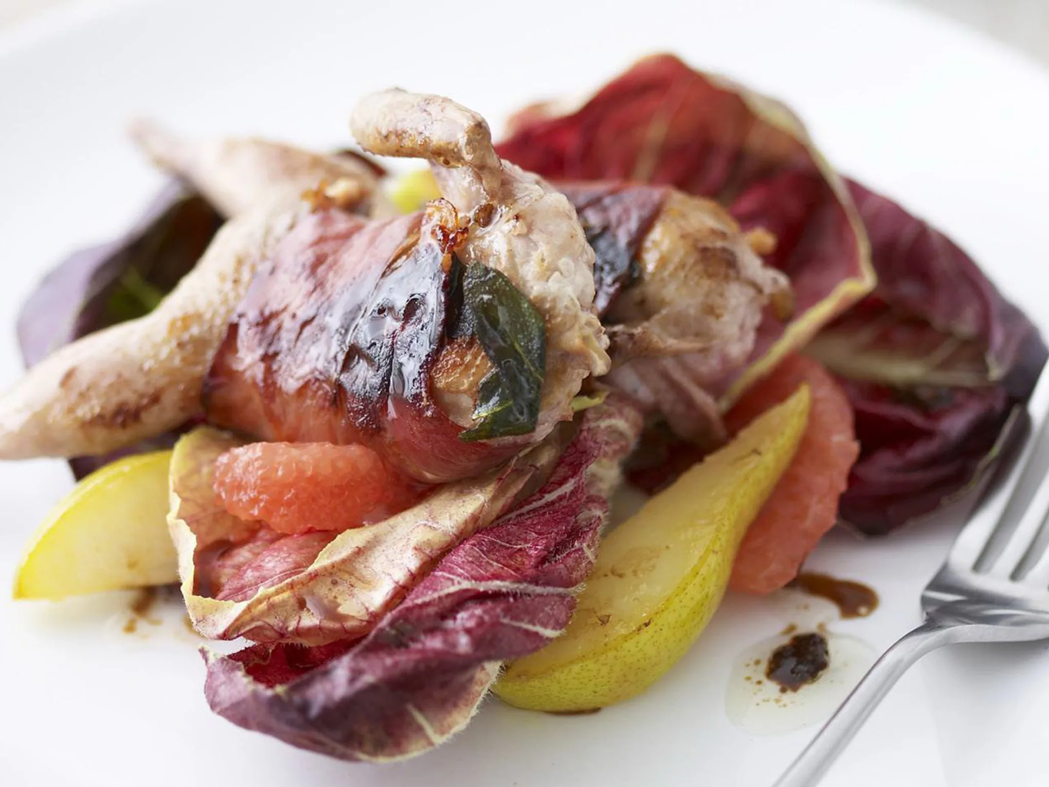 QUAIL WITH RADICCHIO AND PEAR SALAD