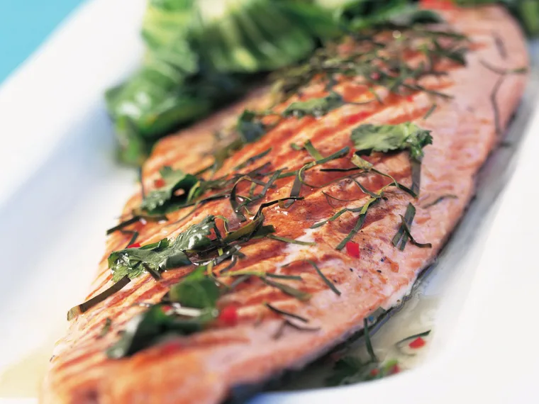 Slow-roasted salmon with asian greens