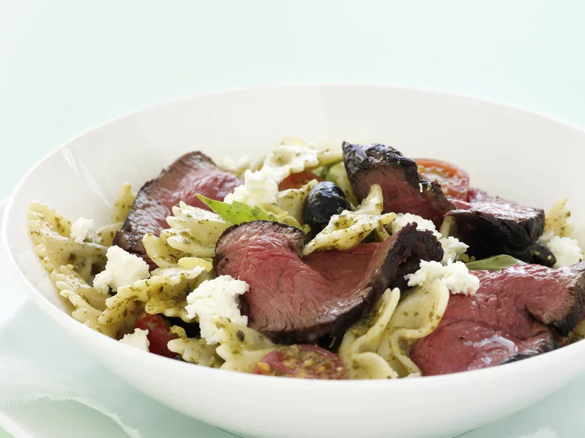 Beef Fillet with Warm Tomato, Pesto and Olive Pasta