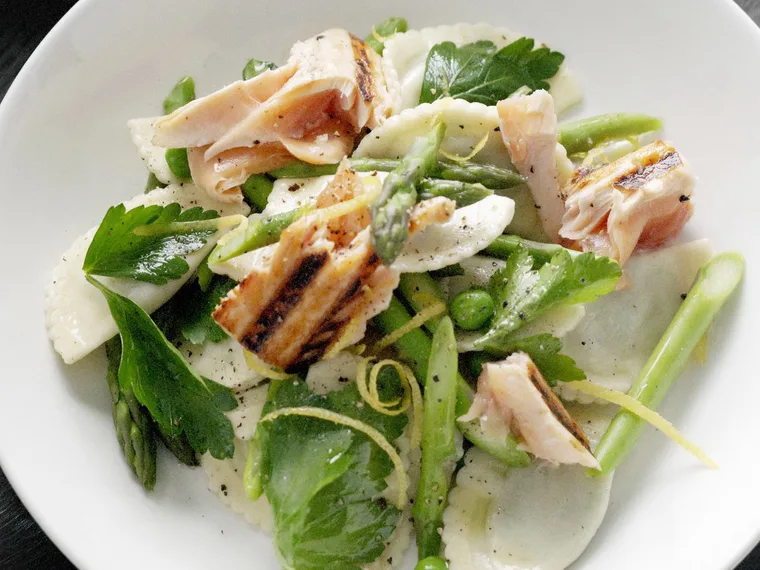 warm lemon-herbed pasta and fresh salmon salad