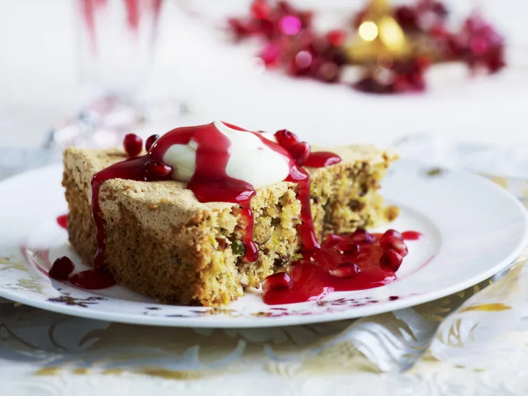 pistachio almond cake with pomegranate sauce