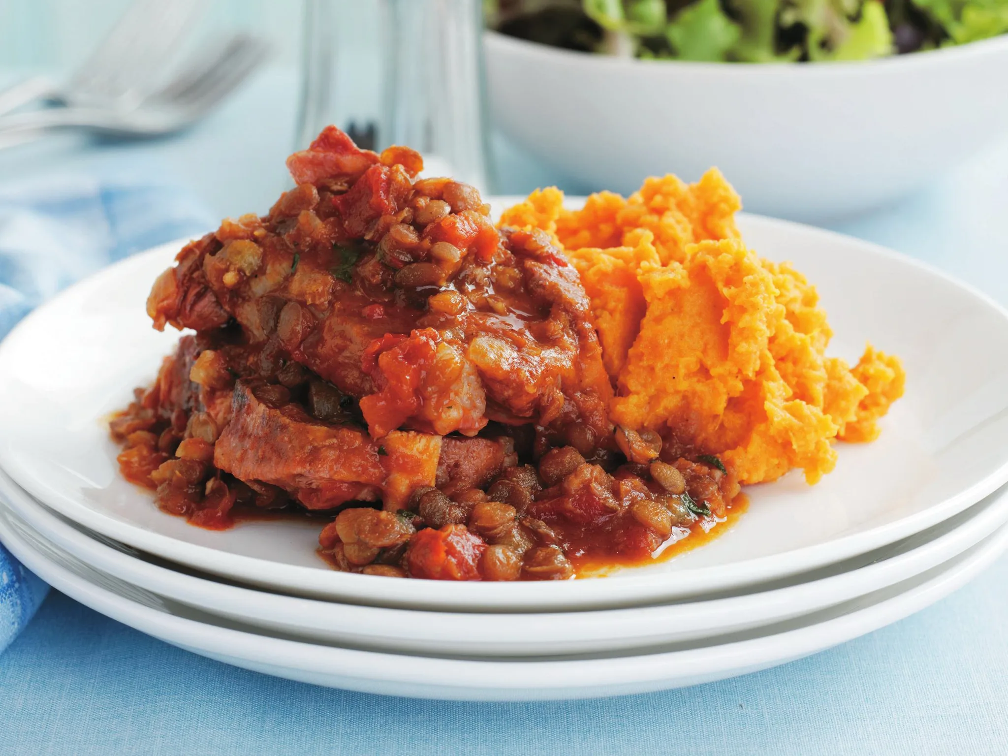 Neck chop and lentil stew with kumara and carrot mash