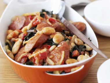 Baked chorizo and white beans