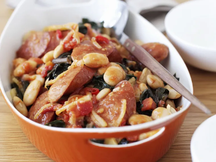 Baked chorizo and white beans
