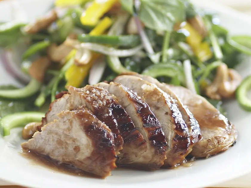 Glazed Pork with Cucumber and Cashew Salad