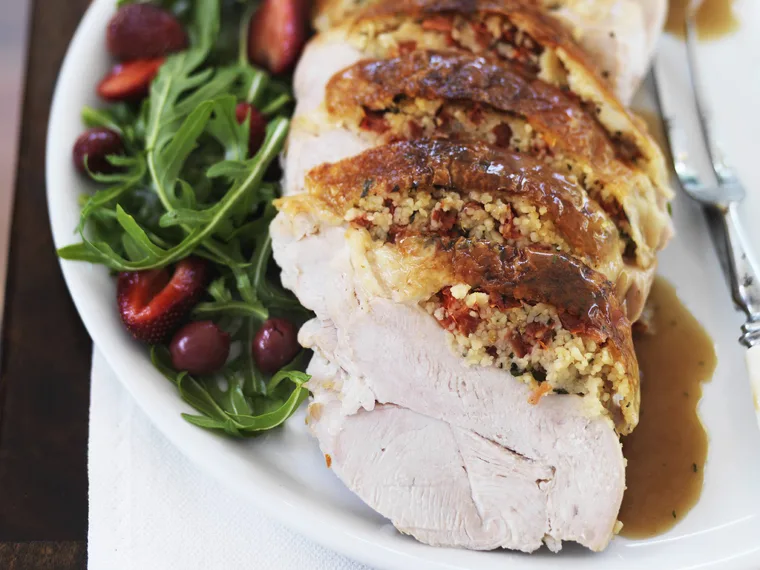 turkey with strawberry       and cherry salad