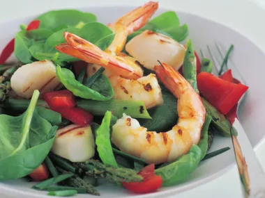 Prawn, scallop and asparagus salad with ginger dressing