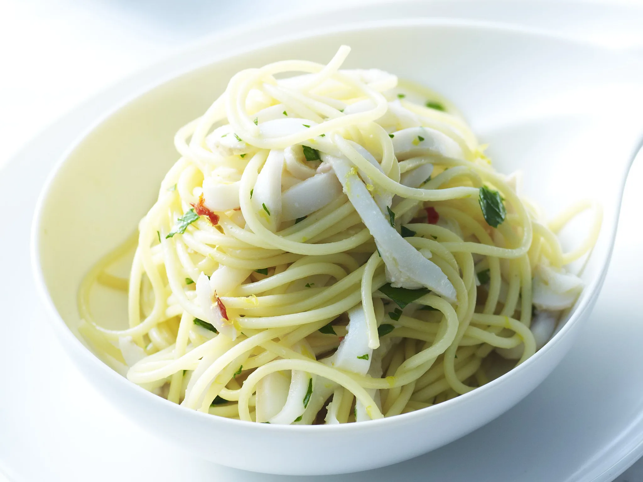 chilled cuttlefish spaghettini with chilli and herbs