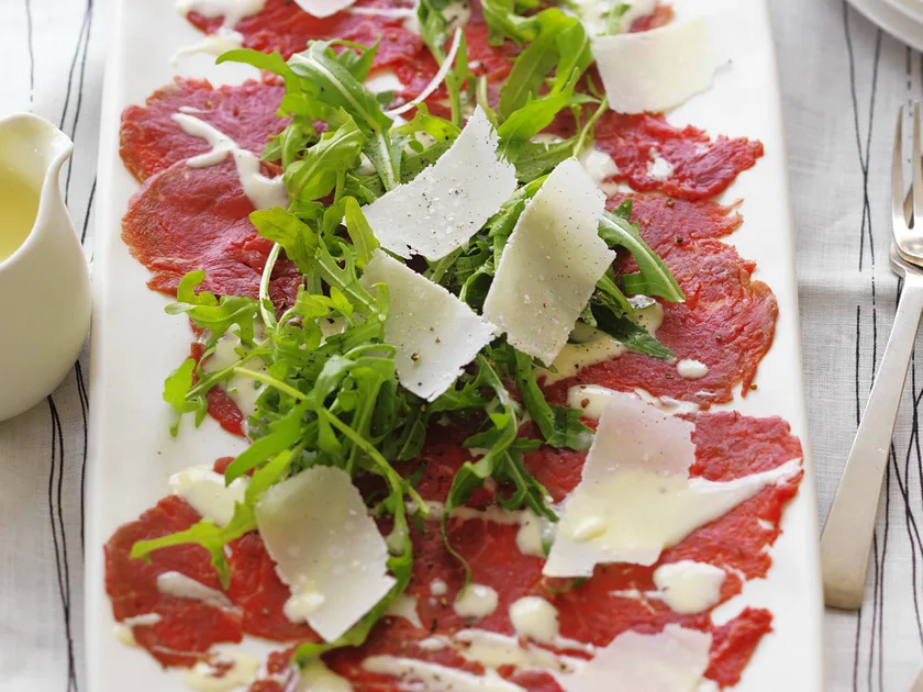 Beef carpaccio with rocket, parmesan and aioli
