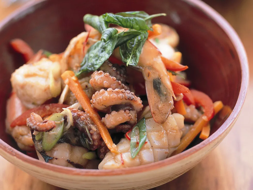 Mixed seafood with crisp thai basil