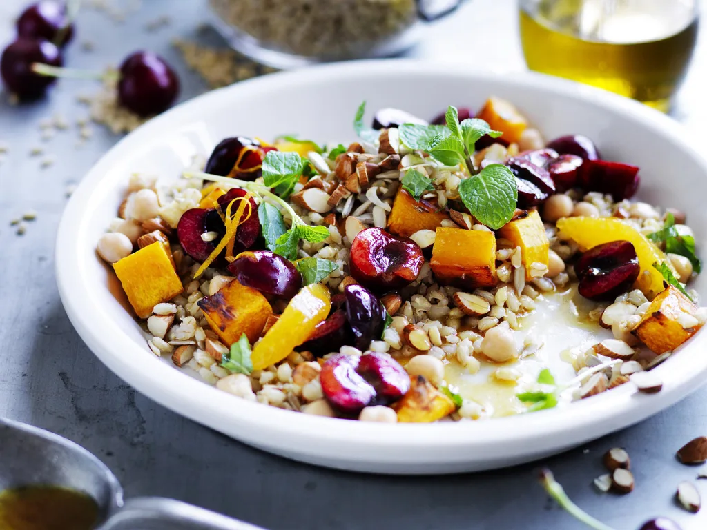 chickpea, barley, orange and cherry salad