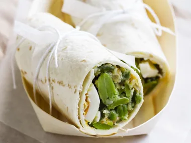 PEA, BROAD BEAN AND EGG ROLL UPS