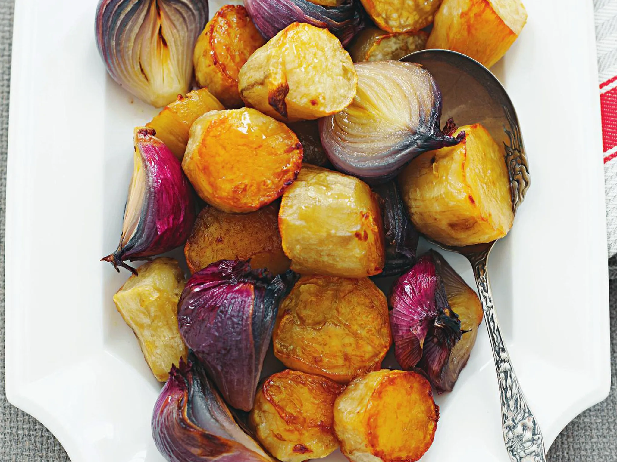 maple-glazed sweet potato and red onions