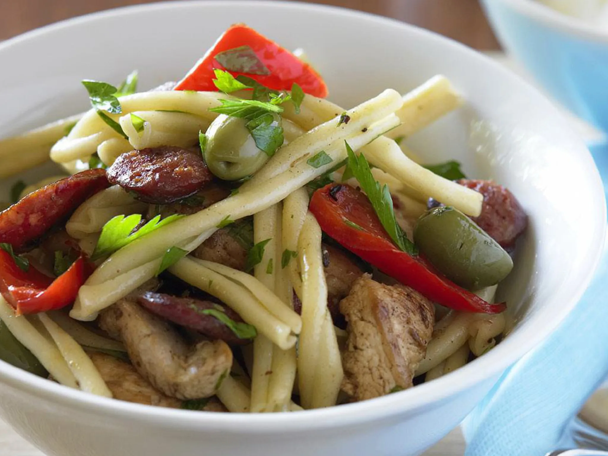 chicken, chorizo and capsicum with casarecci