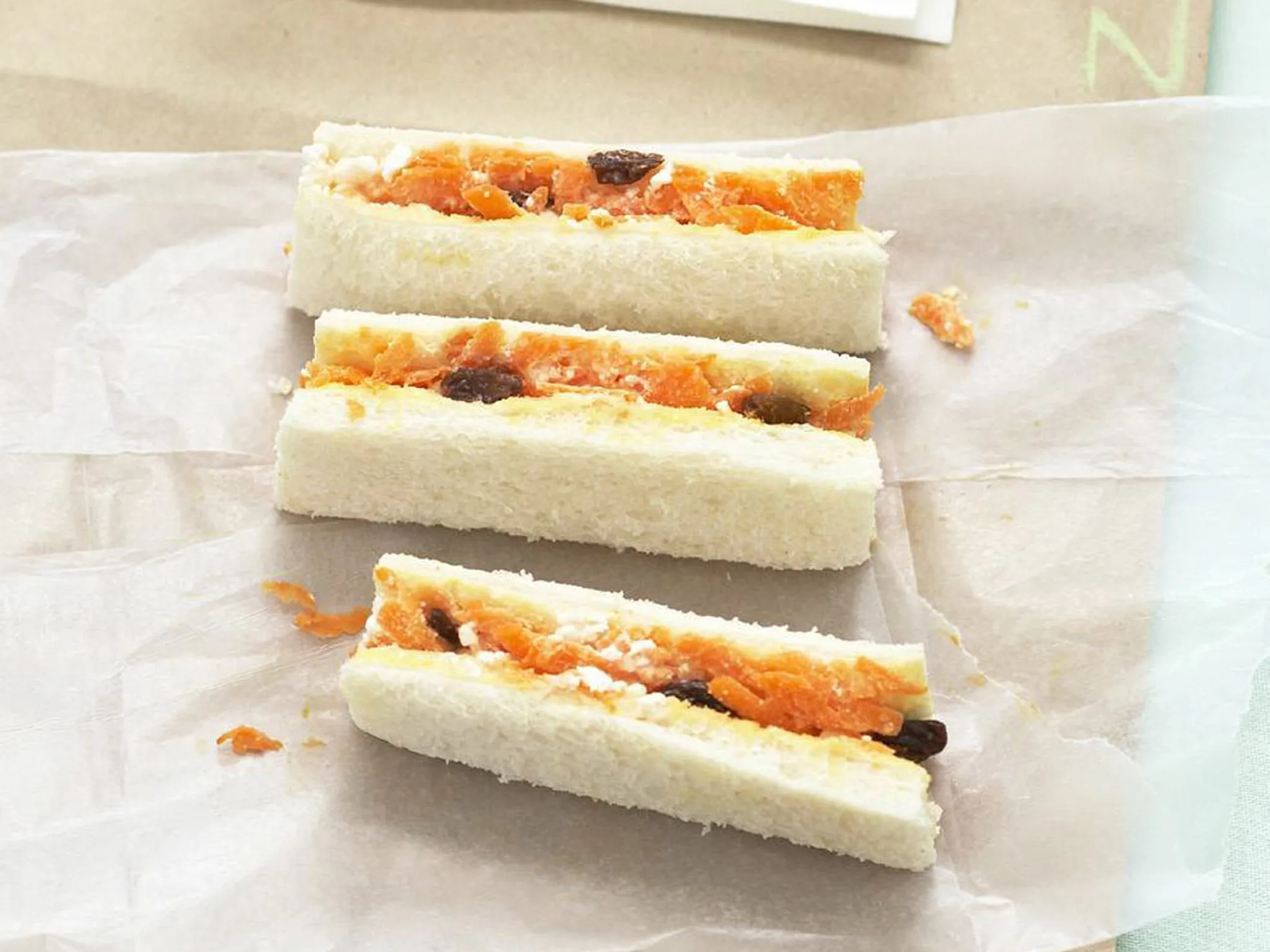 carrot, sultana and cottage cheese sandwich