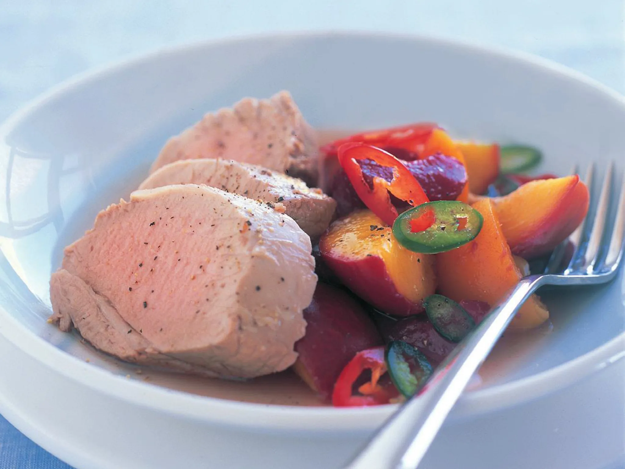 poached pork with chilli stone fruits