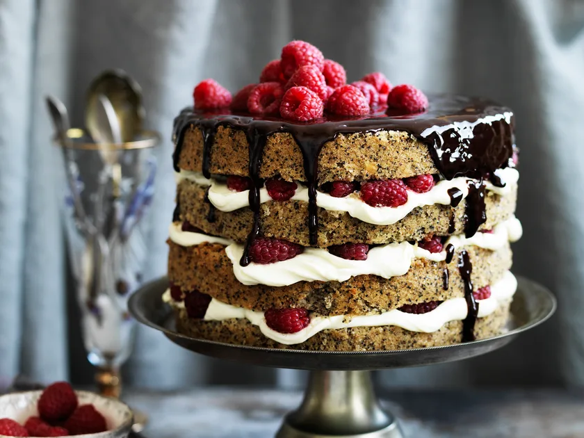 Poppy seed & hazelnut layer cake with raspberry mascarpone