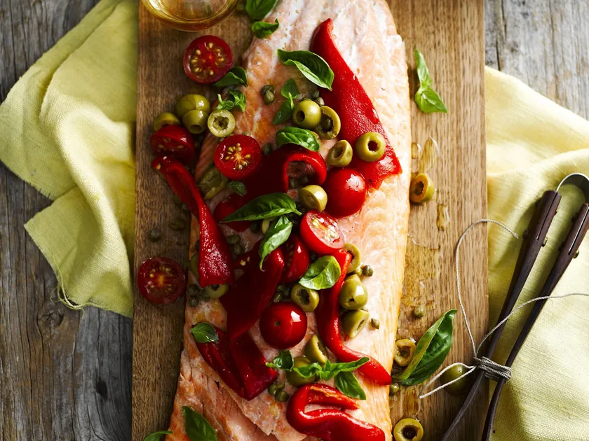 Barbecued Salmon with Capsicum and Olive Salsa