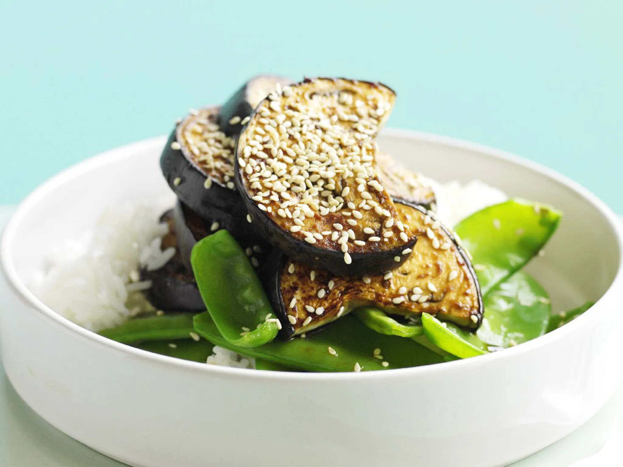 caramelised eggplant with snow peas