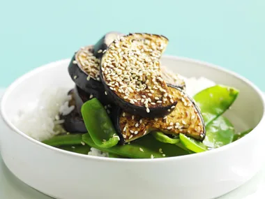 caramelised eggplant with snow peas