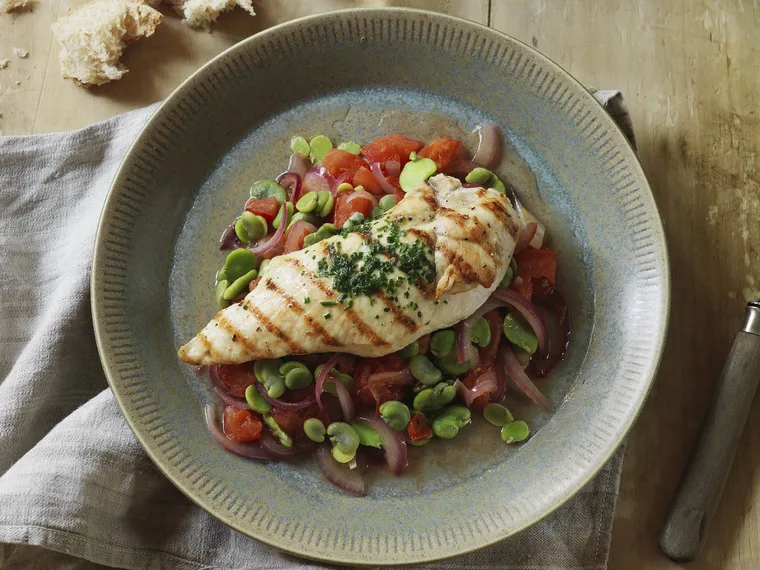 char-grilled chicken with broad beans and chive butter