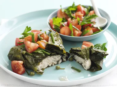 vine leaf-wrapped fish with tomato salsa