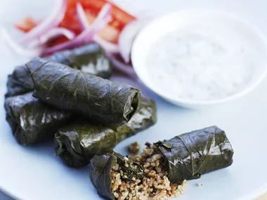 burghul-stuffed vine leaves with yogurt dip