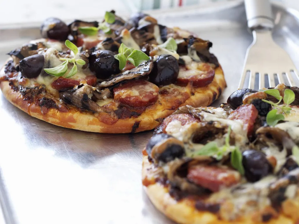 Roasted eggplant and chorizo pizza