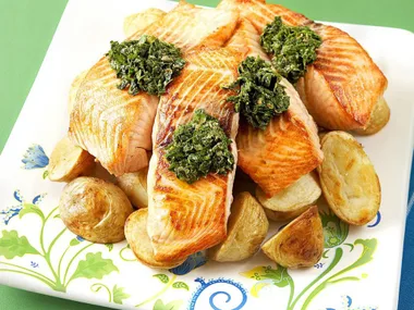 SALMON WITH ROAST CHATS AND SALSA VERDE