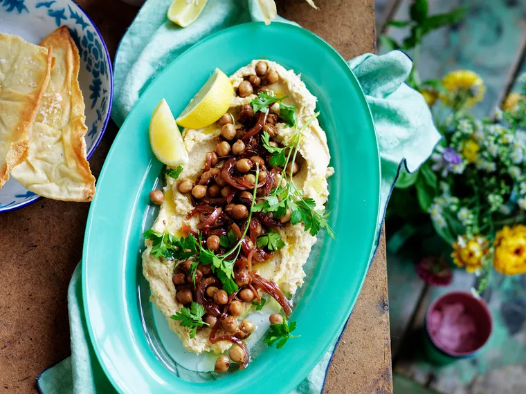 Roasted=m Parsnip Hummus with warm spiced chick peas