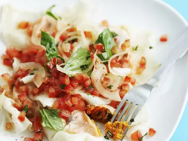 kumara and romano ravioli with tomato and basil sauce