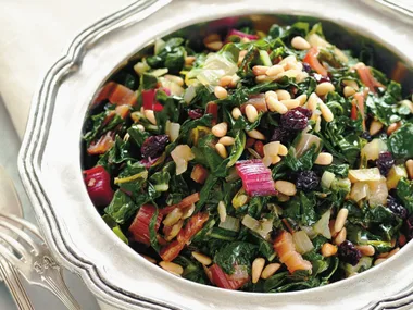 Rainbow silver beet with pine nuts, garlic and raisins