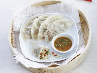 vegetable gow gees with miso dipping sauce