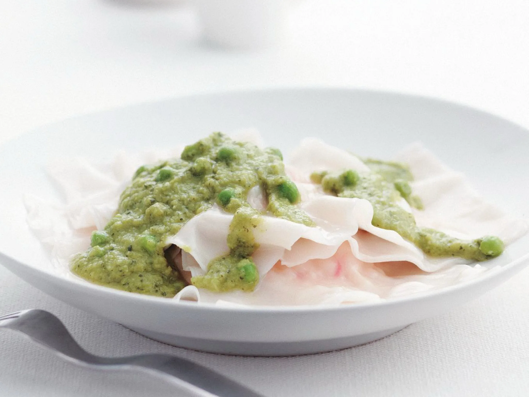 prawn ravioli with mint and pea puree