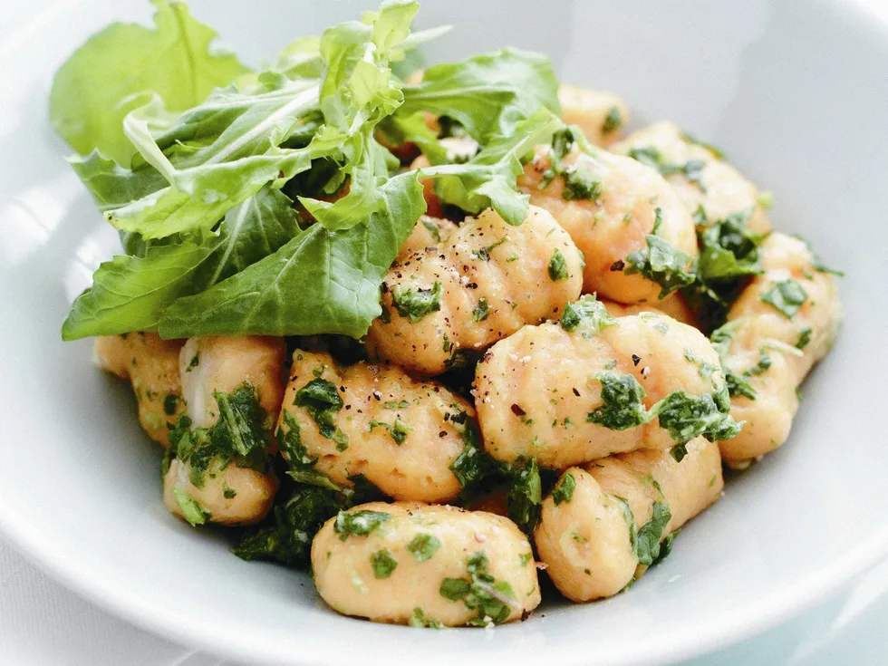 KUMARA GNOCCHI WITH ROCKET AND BASIL PESTO