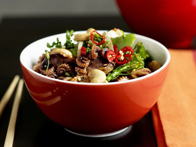 orange-flavoured octopus and broccolini
