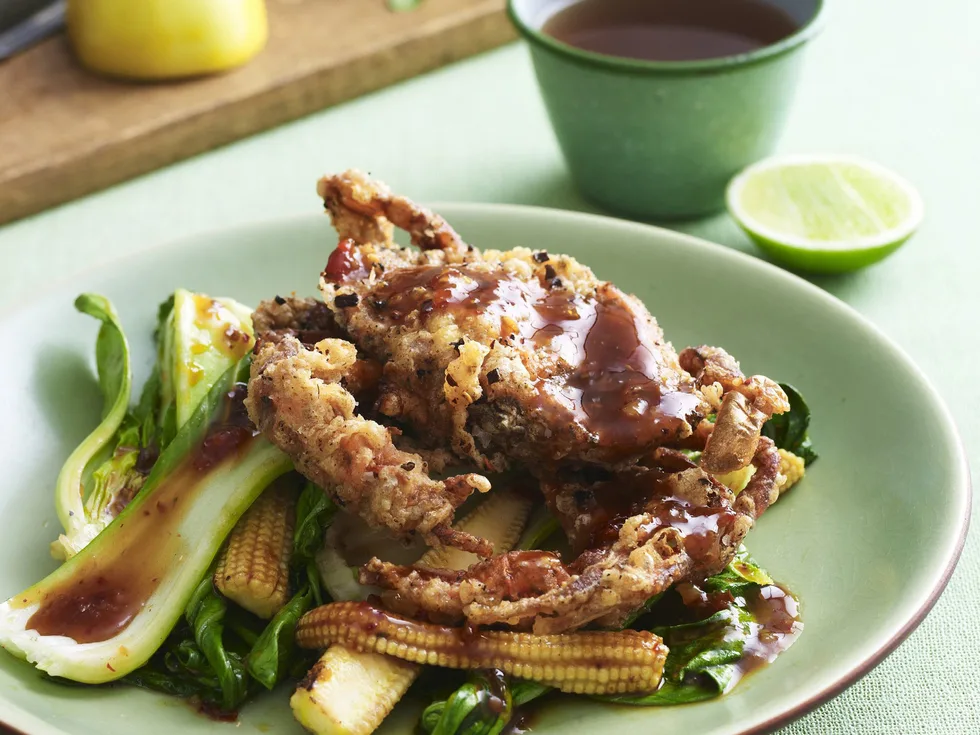 SOFT SHELL CRAB WITH PAK CHOY AND CHILLI SAUCE