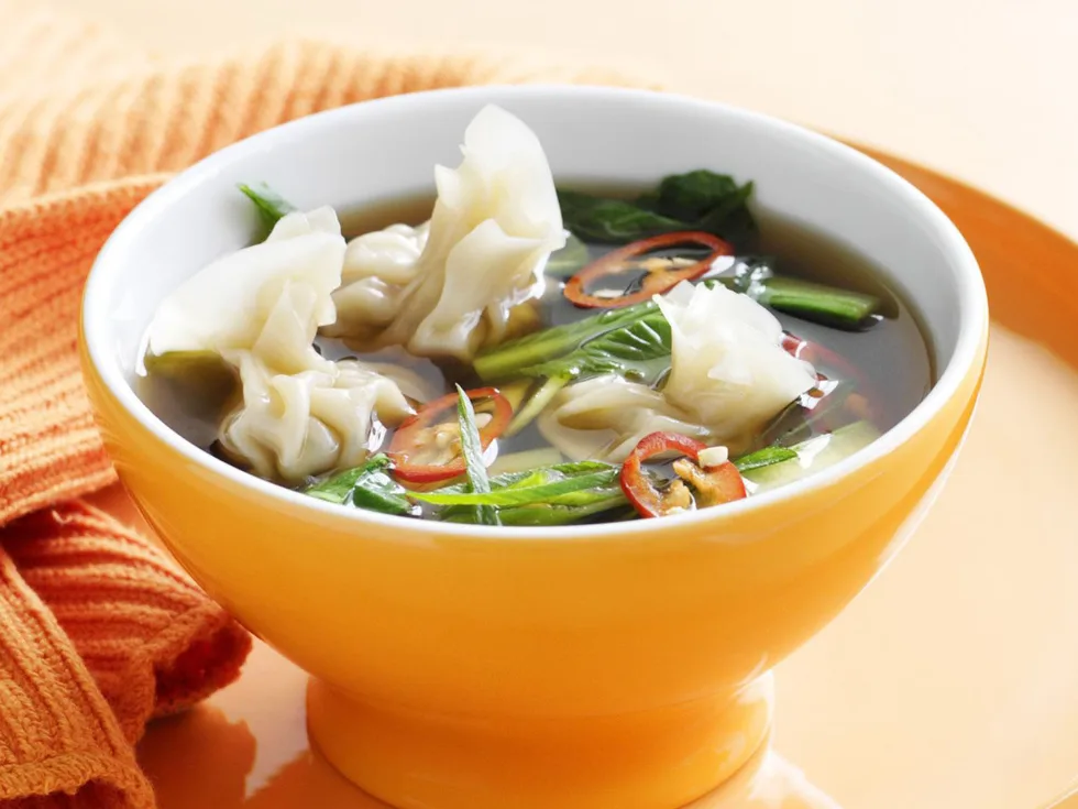 asian broth with prawn dumplings